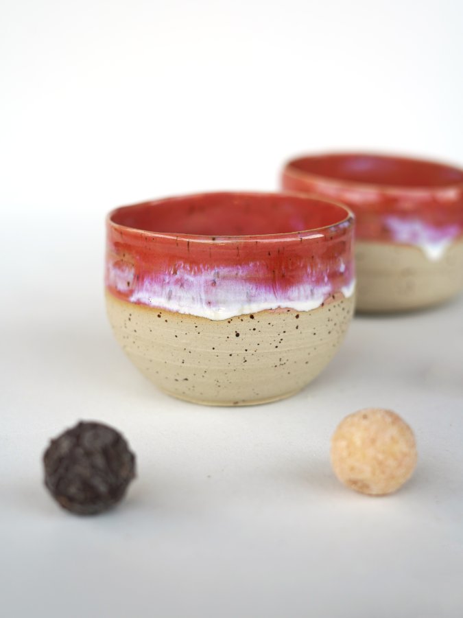 Keramik Cappuccino Becher handgetöpfert - Himbeerrot creme